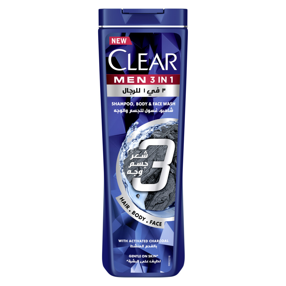 CLEAR MEN شامبو كلير ٣ في ١ عناية متكاملة للرجال، للشعر والوجه والجسم، بالفحم المُنشّط، لشعر ١٠٠٪ خالٍ من القشرة وبشرة مُرطّبة، ٤٠٠ مل